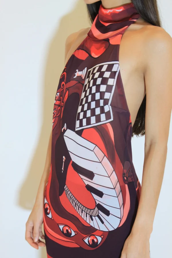 Vestido Gola Alta Piano - Seda com estampa exclusiva - Image 3