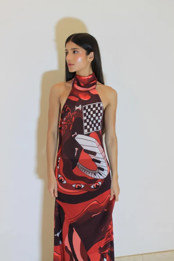 Vestido Gola Alta Piano - Seda com estampa exclusiva - Image 4
