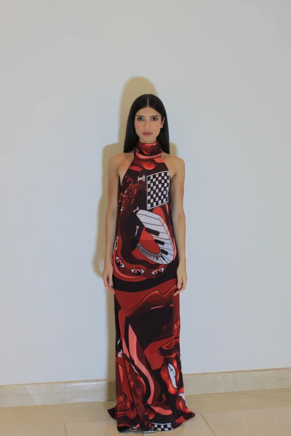 Vestido Gola Alta Piano - Seda com estampa exclusiva