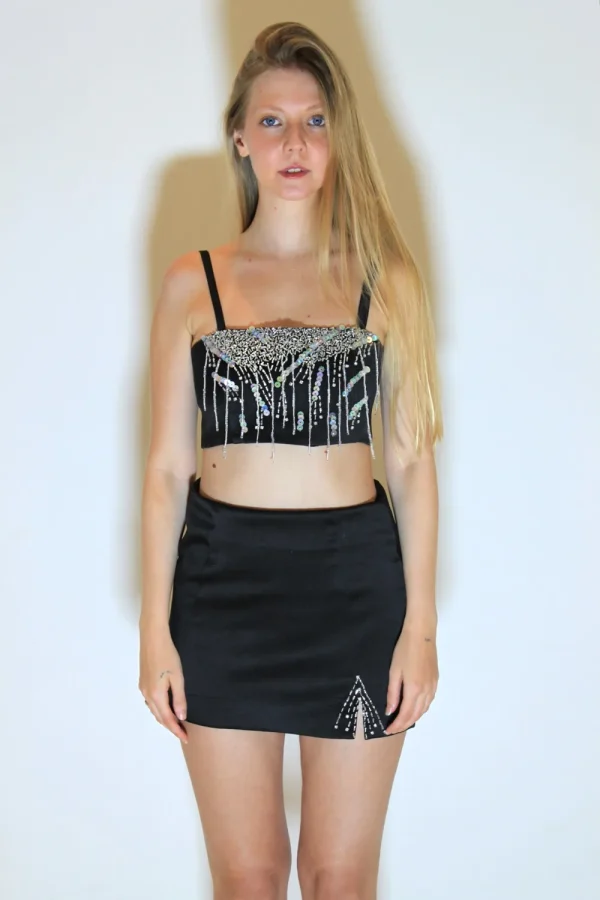 Conjunto Top e Mini Saia Bordado Preto